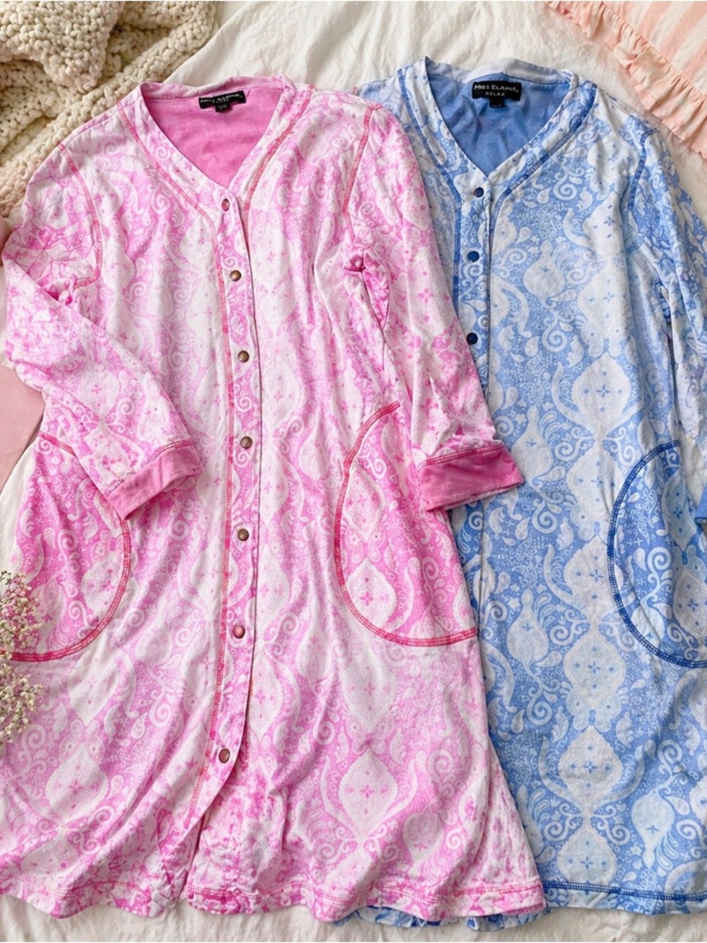 Miss Elaine set S Pink Paisley Button Front Lounge nightgown Pockets muumuu
